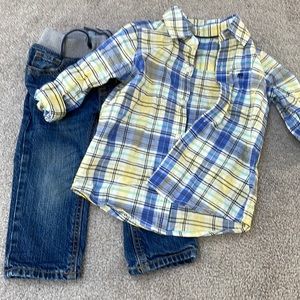Toddler Boys Outfit - jeans and Button-Down Plaid Shirt